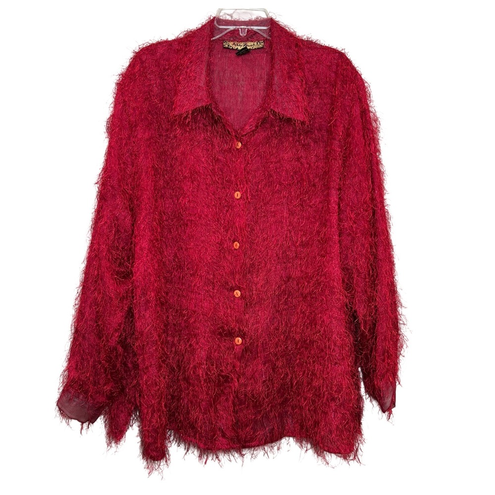 Red Shirt Womens 26W Eyelash Shag Metallic Button Blouse Glam y2k Statement